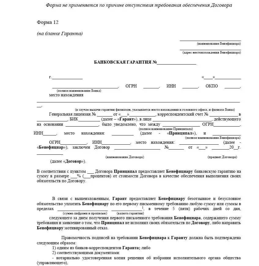 Независимая гарантия образец заполненный